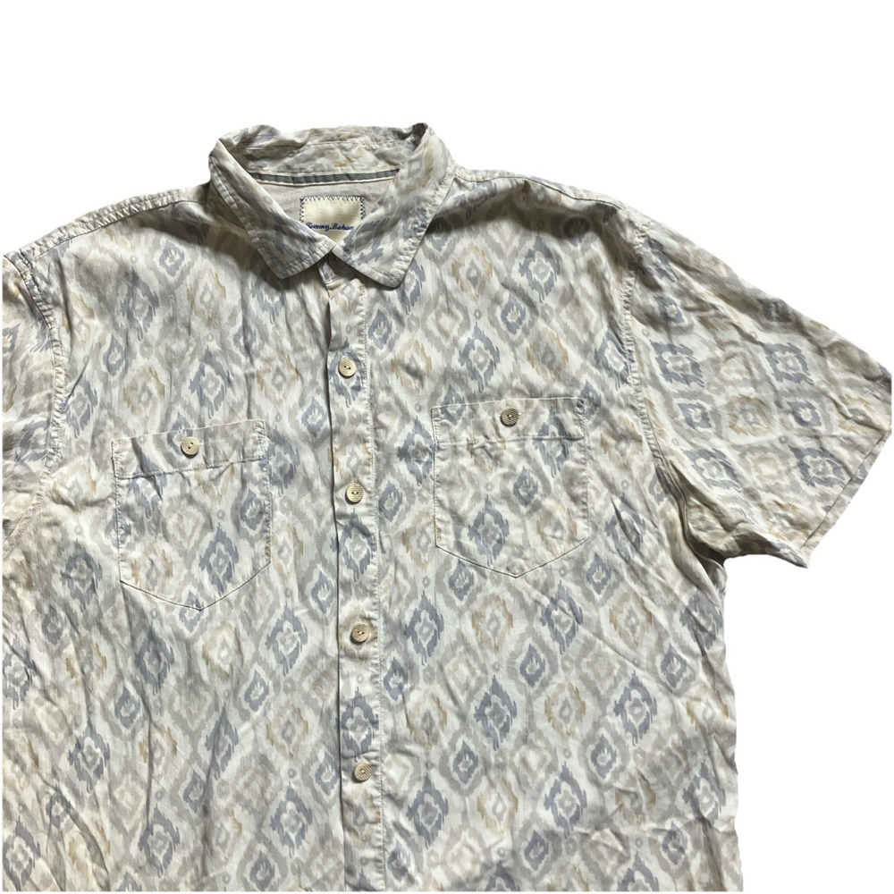 Tommy Bahama Shirt Men's XL Beige Ionian Ikat Continental Button Up 100% Silk